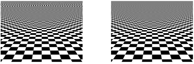 Figure 2: Texture aliasing: bilinear filtering (left) and trilinear filtering – MIP mapping (right)